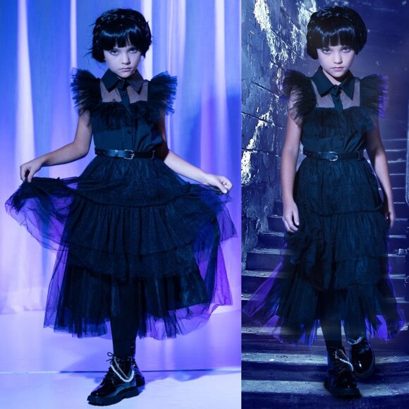 Girls Wednesday Prom Dance Tulle Costume Dress with Belt - Picture 5 of 6